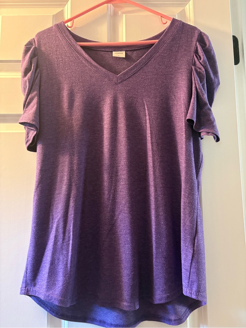 Women's Purple V-Neck Short Sleeve Top with Ruched Shoulders